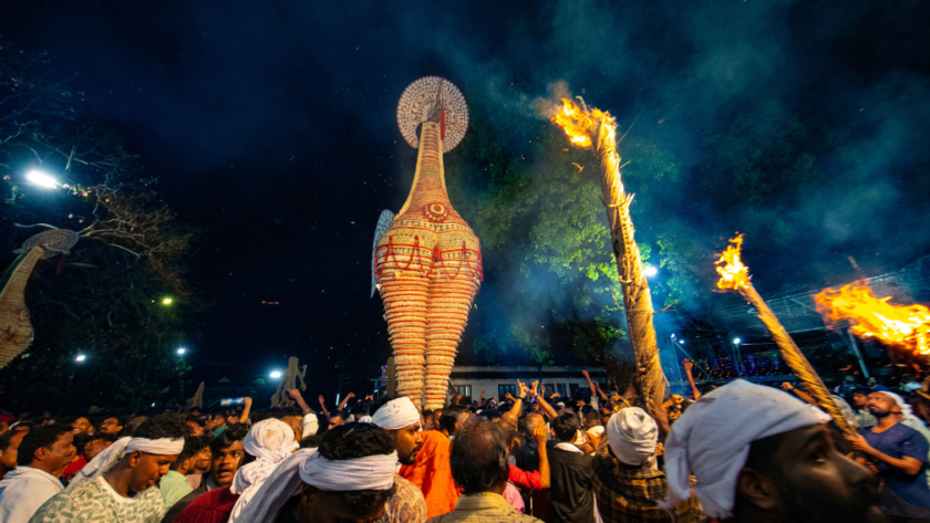 A massive, towering swan effigy known as Annam being paraded during the Neelamperoor Padayani festival